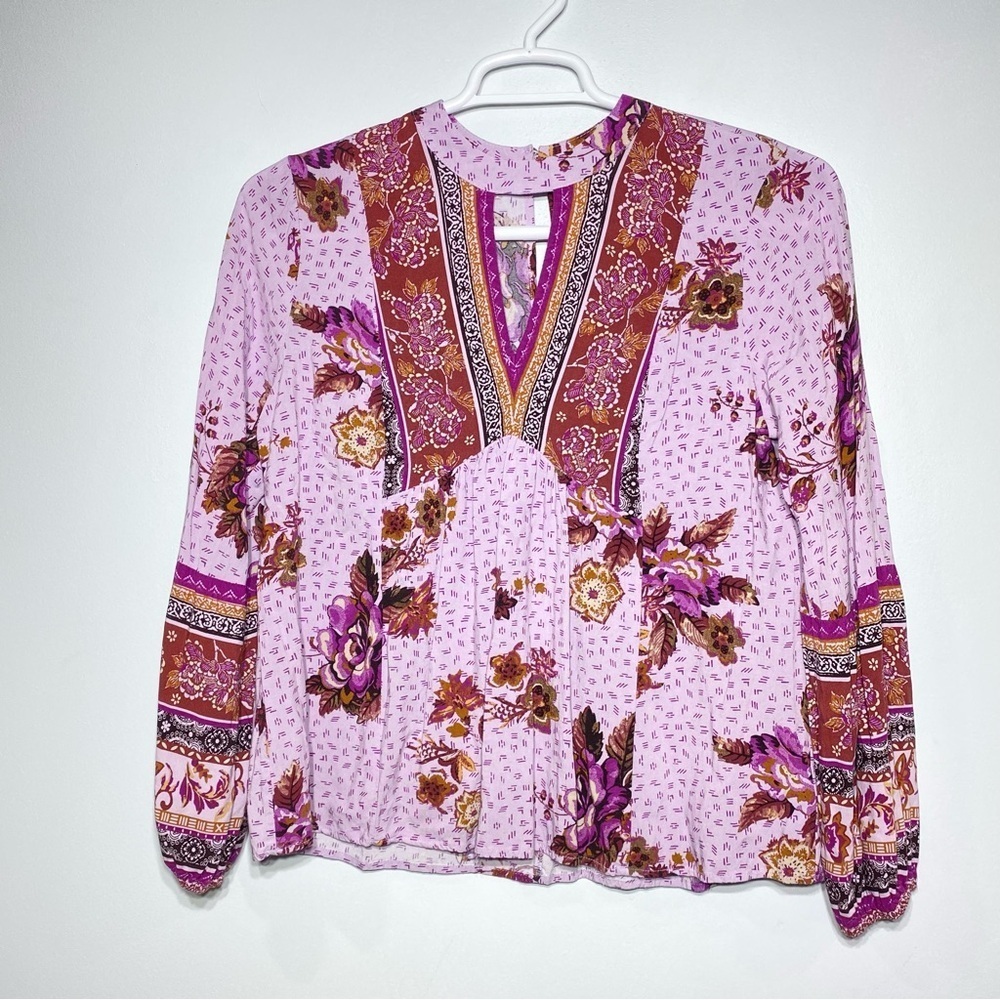 Maurices Floral Boho Blouse Women's M Purple Long Sleeve Keyhole Neck Relax Fit